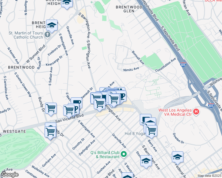 map of restaurants, bars, coffee shops, grocery stores, and more near 11636 Montana Avenue in Los Angeles