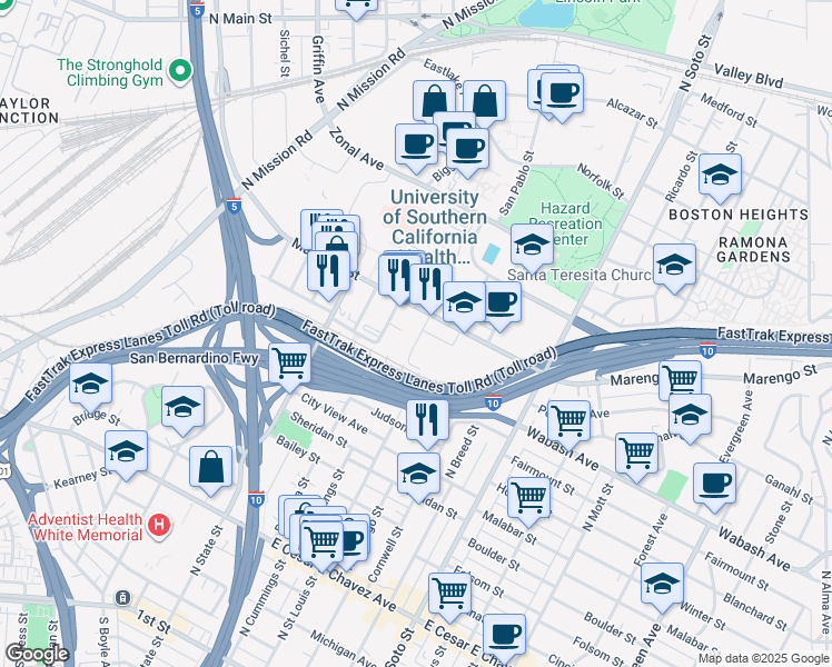 map of restaurants, bars, coffee shops, grocery stores, and more near 1041 North Cummings Street in Los Angeles