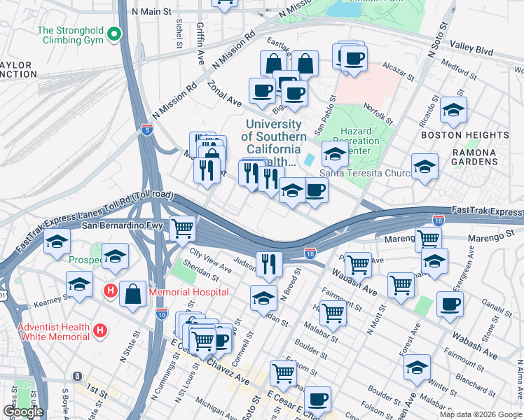 map of restaurants, bars, coffee shops, grocery stores, and more near 1041 North Cummings Street in Los Angeles
