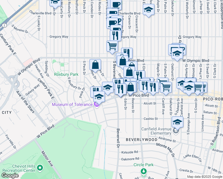 map of restaurants, bars, coffee shops, grocery stores, and more near 1199 South Rodeo Drive in Beverly Hills