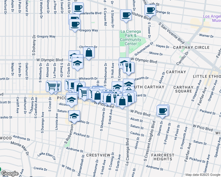 map of restaurants, bars, coffee shops, grocery stores, and more near 1139 South Holt Avenue in Los Angeles