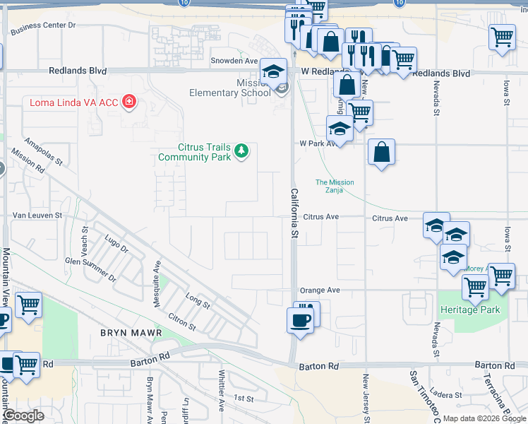map of restaurants, bars, coffee shops, grocery stores, and more near 26418 Citrus Avenue in Loma Linda
