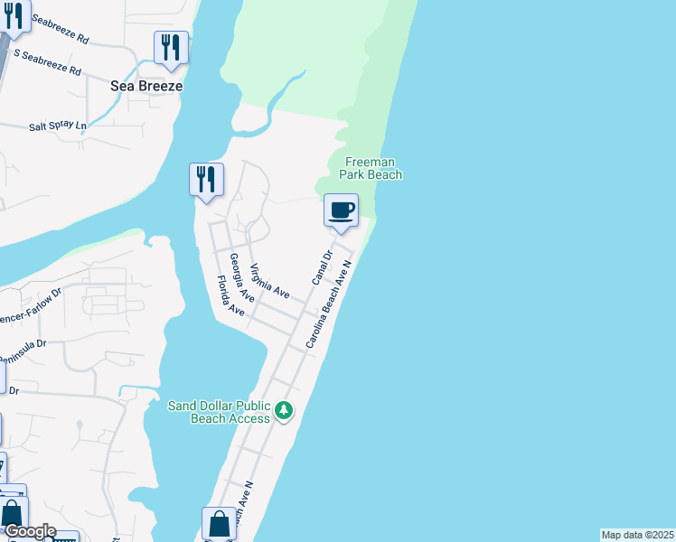map of restaurants, bars, coffee shops, grocery stores, and more near 1707 Carolina Beach Avenue North in Carolina Beach