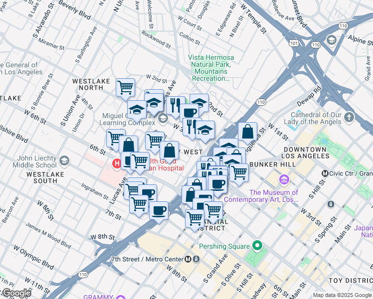 map of restaurants, bars, coffee shops, grocery stores, and more near 2 West 4th Street in Los Angeles