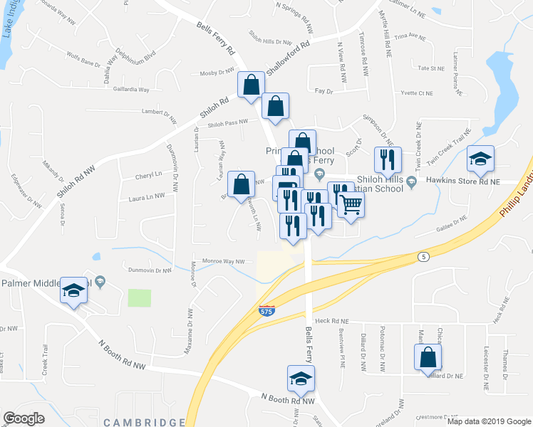 map of restaurants, bars, coffee shops, grocery stores, and more near 427 Bottesford Drive Northwest in Kennesaw