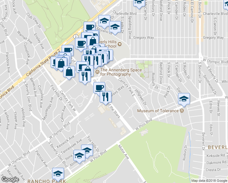 map of restaurants, bars, coffee shops, grocery stores, and more near 2132 Century Park Lane in Los Angeles