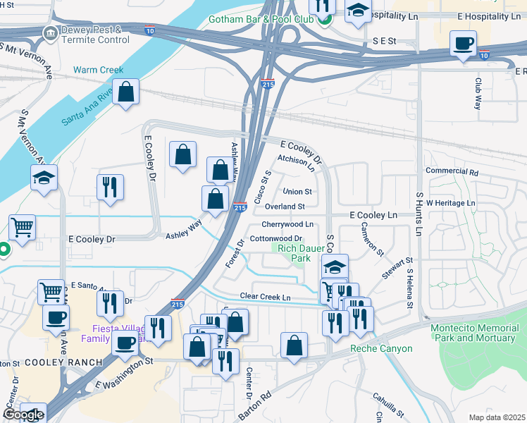 map of restaurants, bars, coffee shops, grocery stores, and more near 1812 Overland Street in Colton