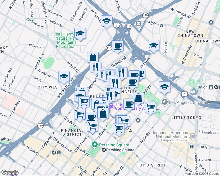map of restaurants, bars, coffee shops, grocery stores, and more near 121 South Hope Street in Los Angeles