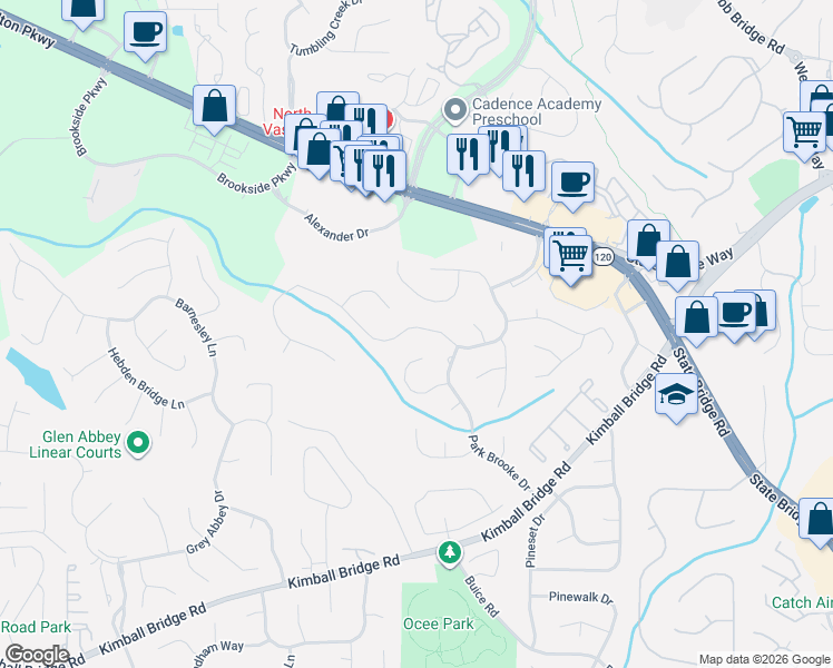 map of restaurants, bars, coffee shops, grocery stores, and more near 4475 Park Brooke Trace in Alpharetta