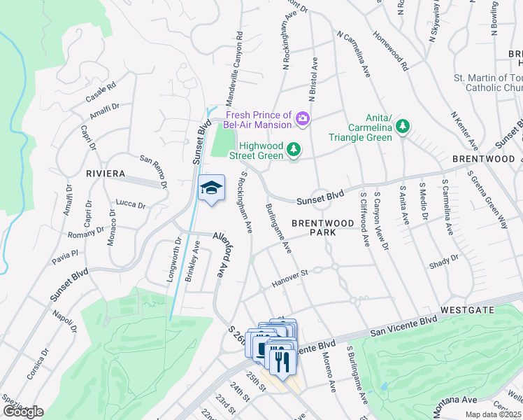 map of restaurants, bars, coffee shops, grocery stores, and more near 154 South Rockingham Avenue in Los Angeles