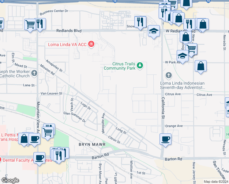 map of restaurants, bars, coffee shops, grocery stores, and more near 10876 Bryn Mawr Avenue in Redlands