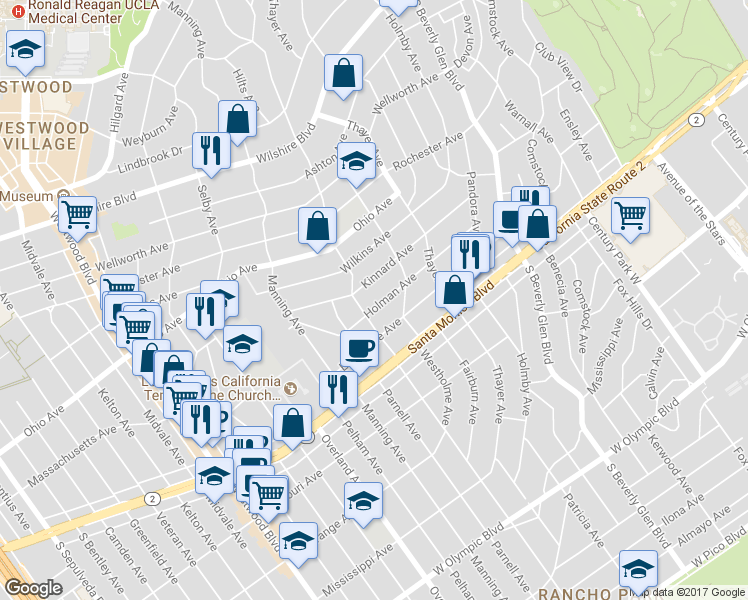 map of restaurants, bars, coffee shops, grocery stores, and more near 10598 Kinnard Avenue in Los Angeles