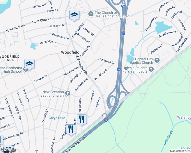 map of restaurants, bars, coffee shops, grocery stores, and more near 2109 Woodfield Drive in Columbia