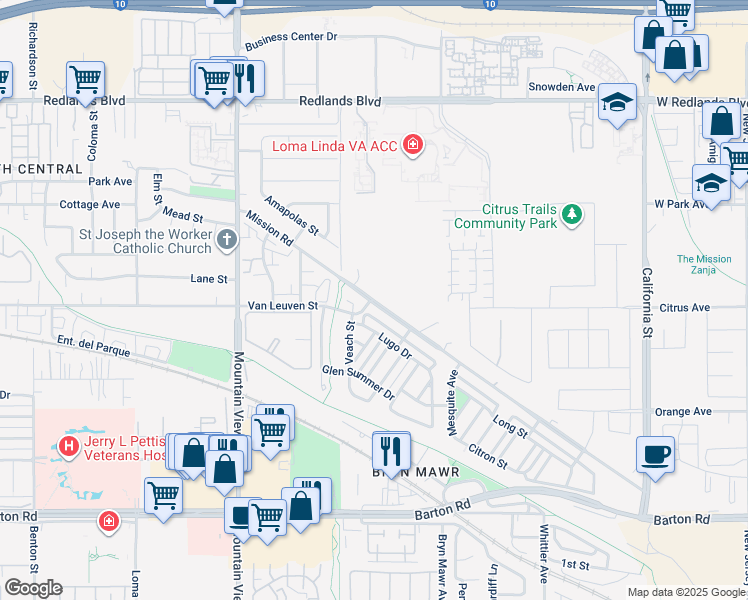 map of restaurants, bars, coffee shops, grocery stores, and more near 26028 Mission Road in Loma Linda