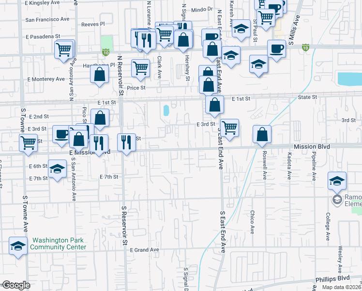 map of restaurants, bars, coffee shops, grocery stores, and more near 1425 East Mission Boulevard in Pomona