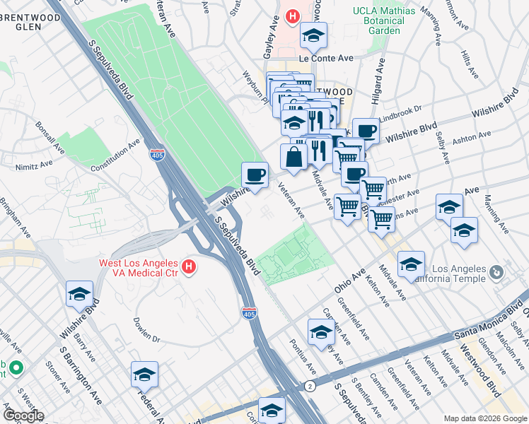 map of restaurants, bars, coffee shops, grocery stores, and more near 11000 Wilshire Boulevard in Los Angeles
