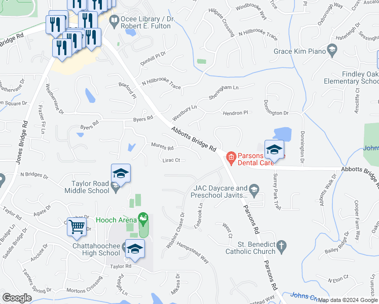 map of restaurants, bars, coffee shops, grocery stores, and more near 6355 Murets Road in Alpharetta