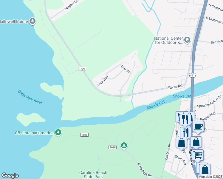 map of restaurants, bars, coffee shops, grocery stores, and more near 9301 Long Putt Court in Wilmington