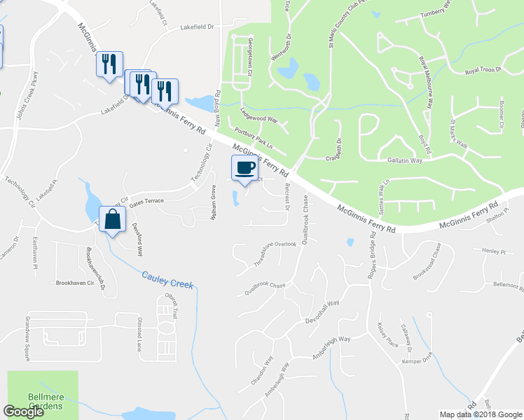 map of restaurants, bars, coffee shops, grocery stores, and more near 7145 Handbell Lane in Duluth