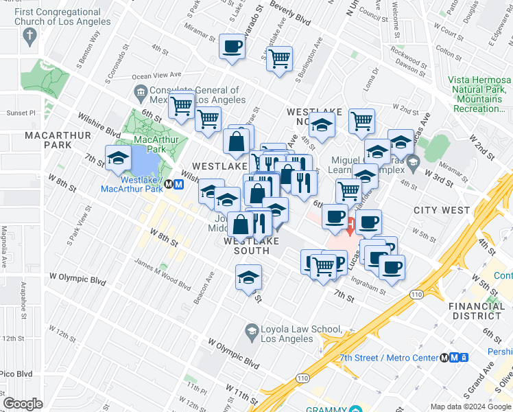 map of restaurants, bars, coffee shops, grocery stores, and more near 1625 Wilshire Boulevard in Los Angeles