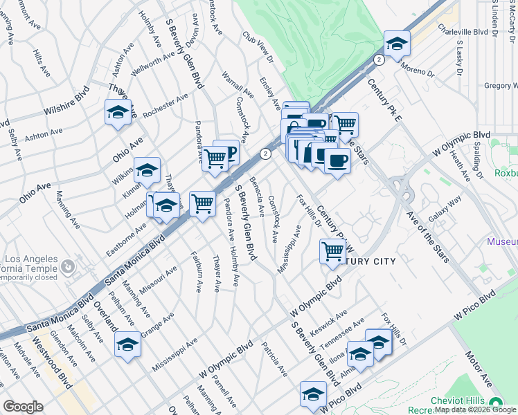 map of restaurants, bars, coffee shops, grocery stores, and more near 1867 Benecia Avenue in Los Angeles
