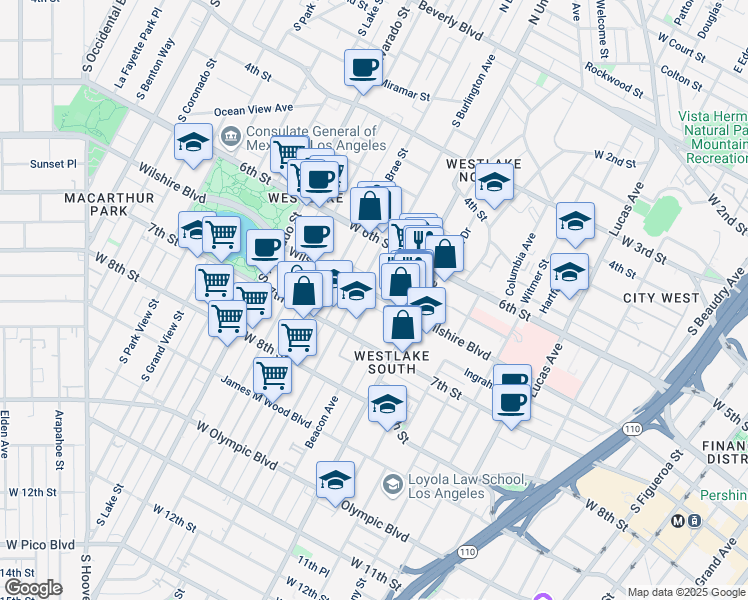 map of restaurants, bars, coffee shops, grocery stores, and more near 1656 Wilshire Boulevard in Los Angeles
