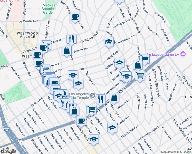 map of restaurants, bars, coffee shops, grocery stores, and more near 1568 Manning Avenue in Los Angeles