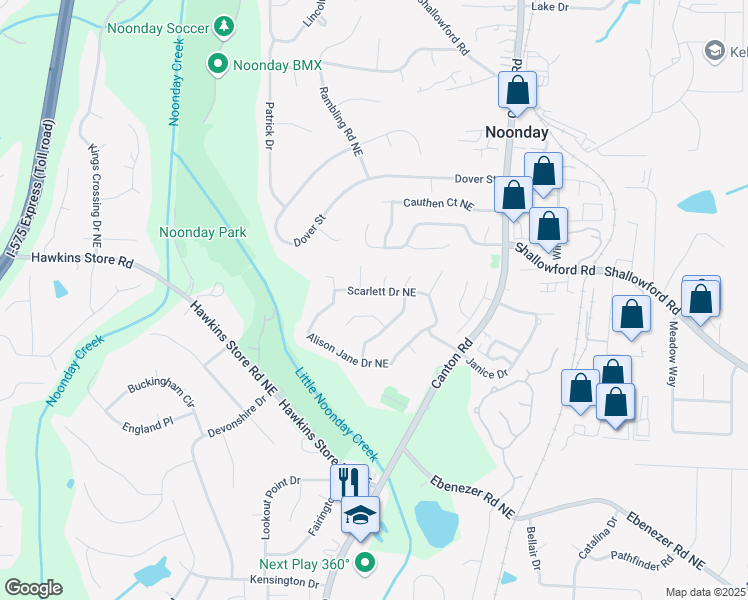 map of restaurants, bars, coffee shops, grocery stores, and more near 756 Scarlett Drive Northeast in Kennesaw