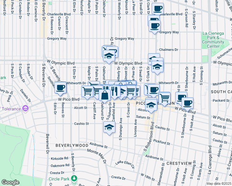map of restaurants, bars, coffee shops, grocery stores, and more near 1139 South Wetherly Drive in Los Angeles