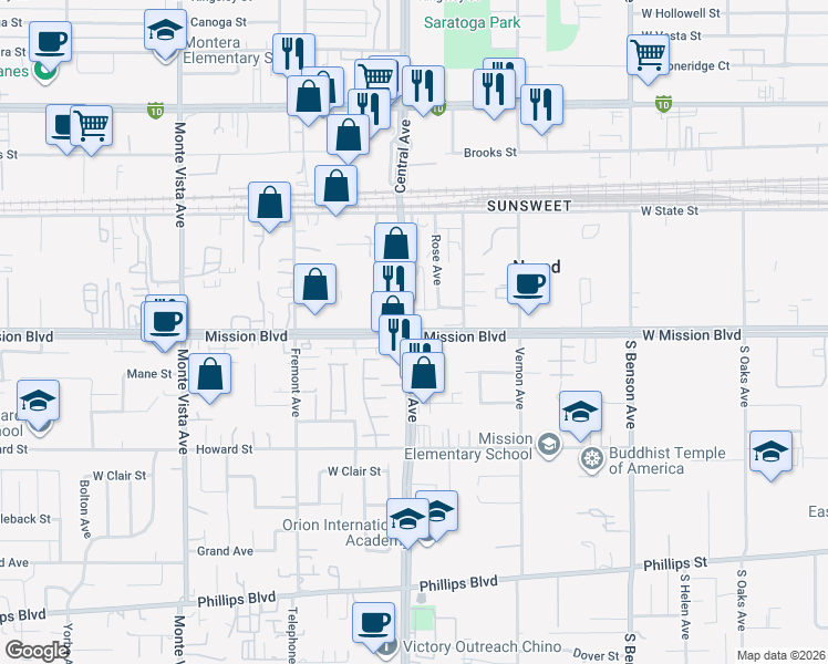 map of restaurants, bars, coffee shops, grocery stores, and more near Central Ave & Mission Blvd in San Bernardino County