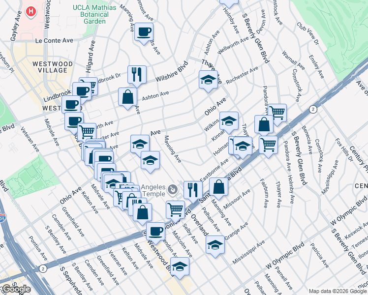 map of restaurants, bars, coffee shops, grocery stores, and more near 10655 Kinnard Avenue in Los Angeles