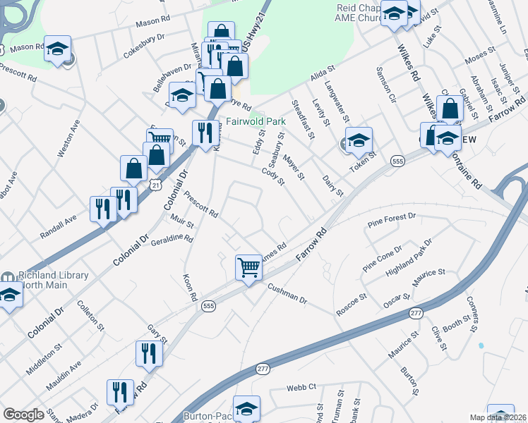 map of restaurants, bars, coffee shops, grocery stores, and more near 1726 Carousel Circle in Columbia