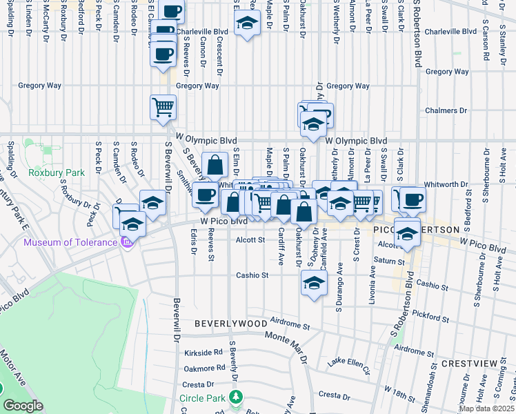 map of restaurants, bars, coffee shops, grocery stores, and more near 1140 Rexford Drive in Los Angeles
