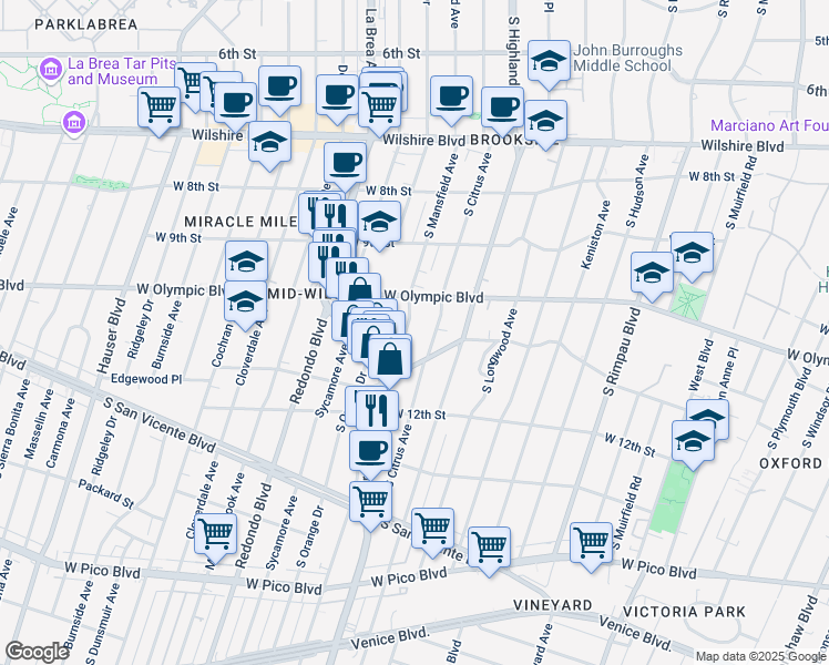 map of restaurants, bars, coffee shops, grocery stores, and more near 1038 South Mansfield Avenue in Los Angeles