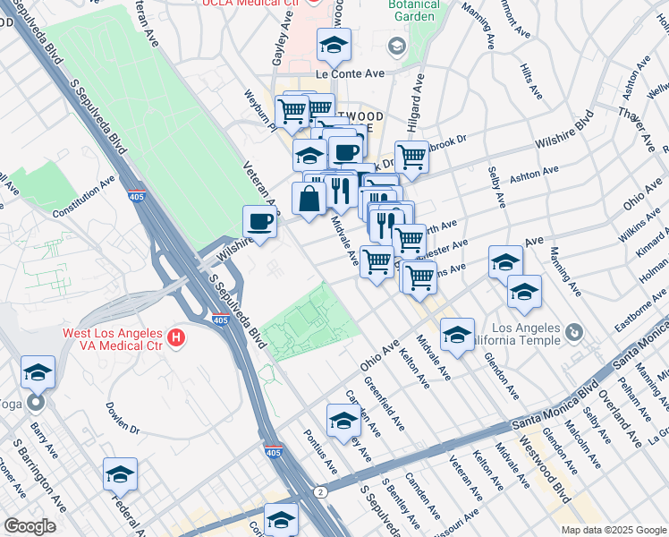 map of restaurants, bars, coffee shops, grocery stores, and more near 10980 Wellworth Avenue in Los Angeles
