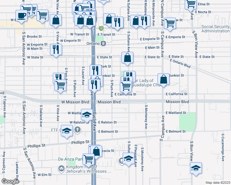 map of restaurants, bars, coffee shops, grocery stores, and more near 305 East California Street in Ontario