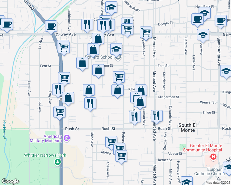 map of restaurants, bars, coffee shops, grocery stores, and more near 9733 Klingerman Street in South El Monte