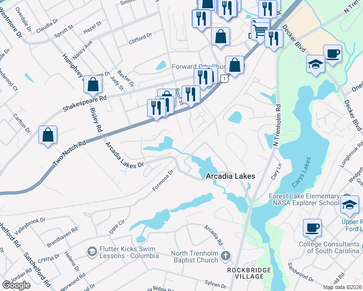 map of restaurants, bars, coffee shops, grocery stores, and more near 1504 Leaside Drive in Columbia