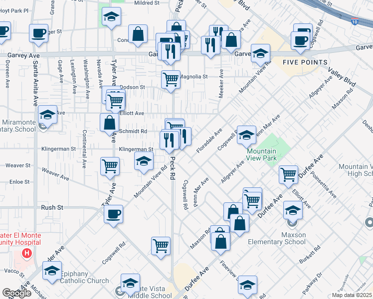 map of restaurants, bars, coffee shops, grocery stores, and more near 2416 Mountain View Road in El Monte