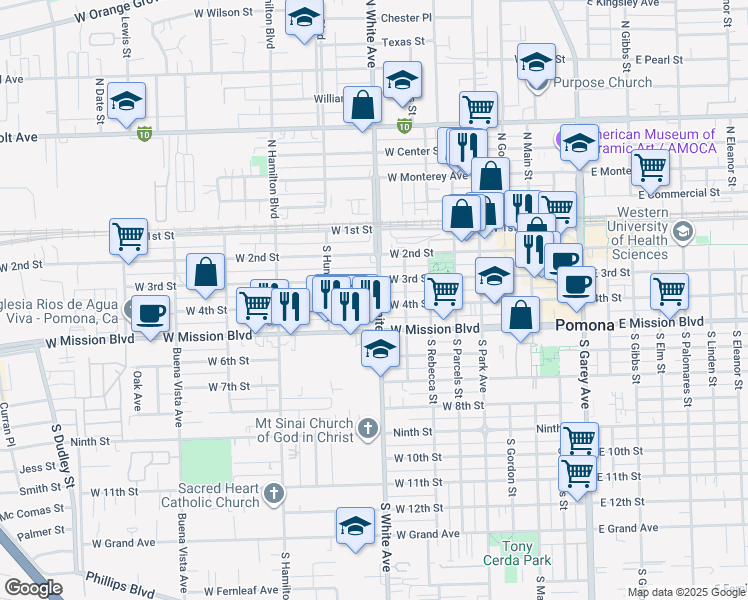 map of restaurants, bars, coffee shops, grocery stores, and more near 395 South White Avenue in Pomona