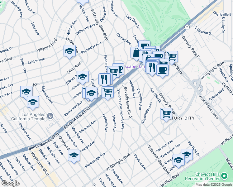 map of restaurants, bars, coffee shops, grocery stores, and more near 1825 Pandora Avenue in Los Angeles