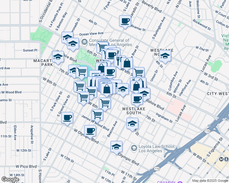 map of restaurants, bars, coffee shops, grocery stores, and more near 676 South Bonnie Brae Street in Los Angeles