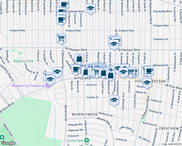 map of restaurants, bars, coffee shops, grocery stores, and more near 1135 Rexford Drive in Los Angeles