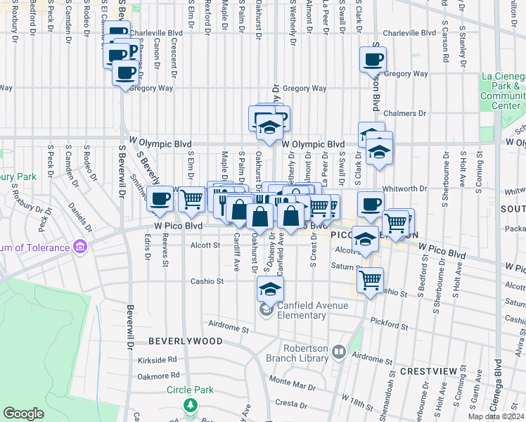 map of restaurants, bars, coffee shops, grocery stores, and more near in Los Angeles