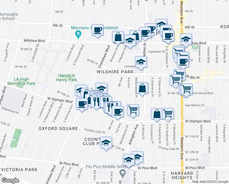 map of restaurants, bars, coffee shops, grocery stores, and more near 875 5th Avenue in Los Angeles