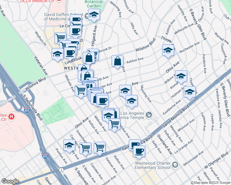map of restaurants, bars, coffee shops, grocery stores, and more near 10782 Wilkins Avenue in Los Angeles