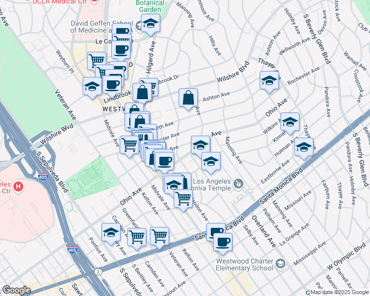 map of restaurants, bars, coffee shops, grocery stores, and more near 10780 Wilkins Avenue in Los Angeles