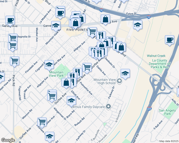 map of restaurants, bars, coffee shops, grocery stores, and more near 2806 Durfee Avenue in El Monte