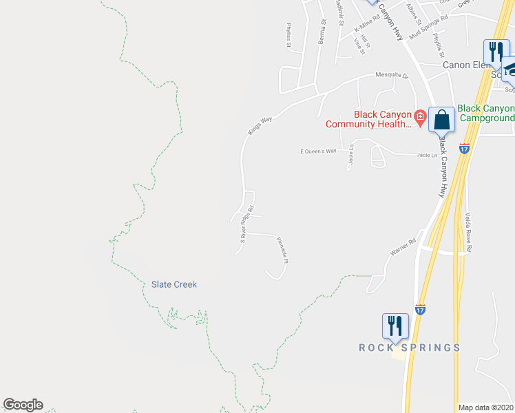 map of restaurants, bars, coffee shops, grocery stores, and more near 35237 South River Ridge Road in Black Canyon City