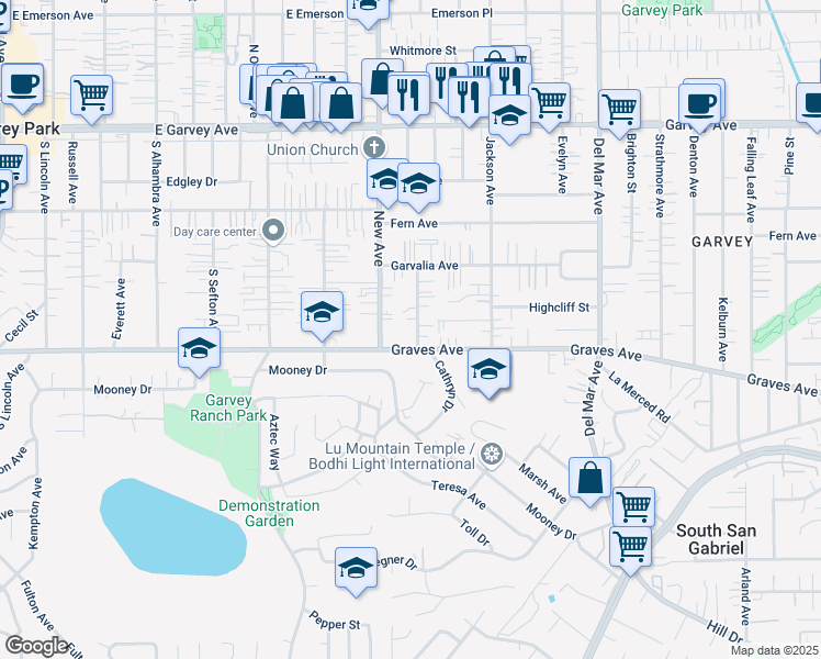 map of restaurants, bars, coffee shops, grocery stores, and more near 2421 Stevens Avenue in Rosemead